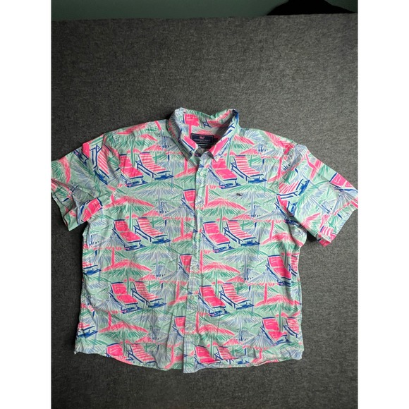 Vineyard Vines Other - Vineyard Vines Mens XXL Beach Chair Palm Tree Print Cotton Whale Shirt Pink Blue